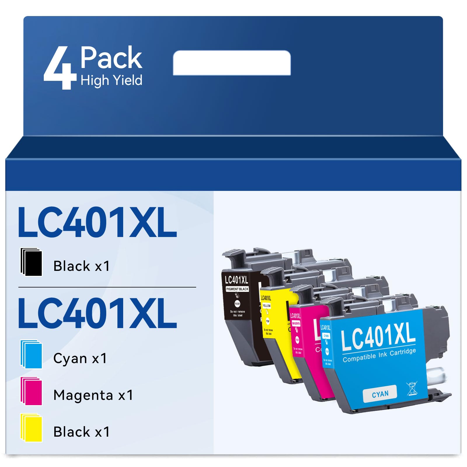 LC401XL Ink Cartridges Replacement for Brother Printer MFC-J1010DW MFC-J1012DW MFC-J1170DW High Yield 4-Pack Ink Cartridges LC401 XL – Includes LC401xl Black,Cyan,Magenta and Yellow